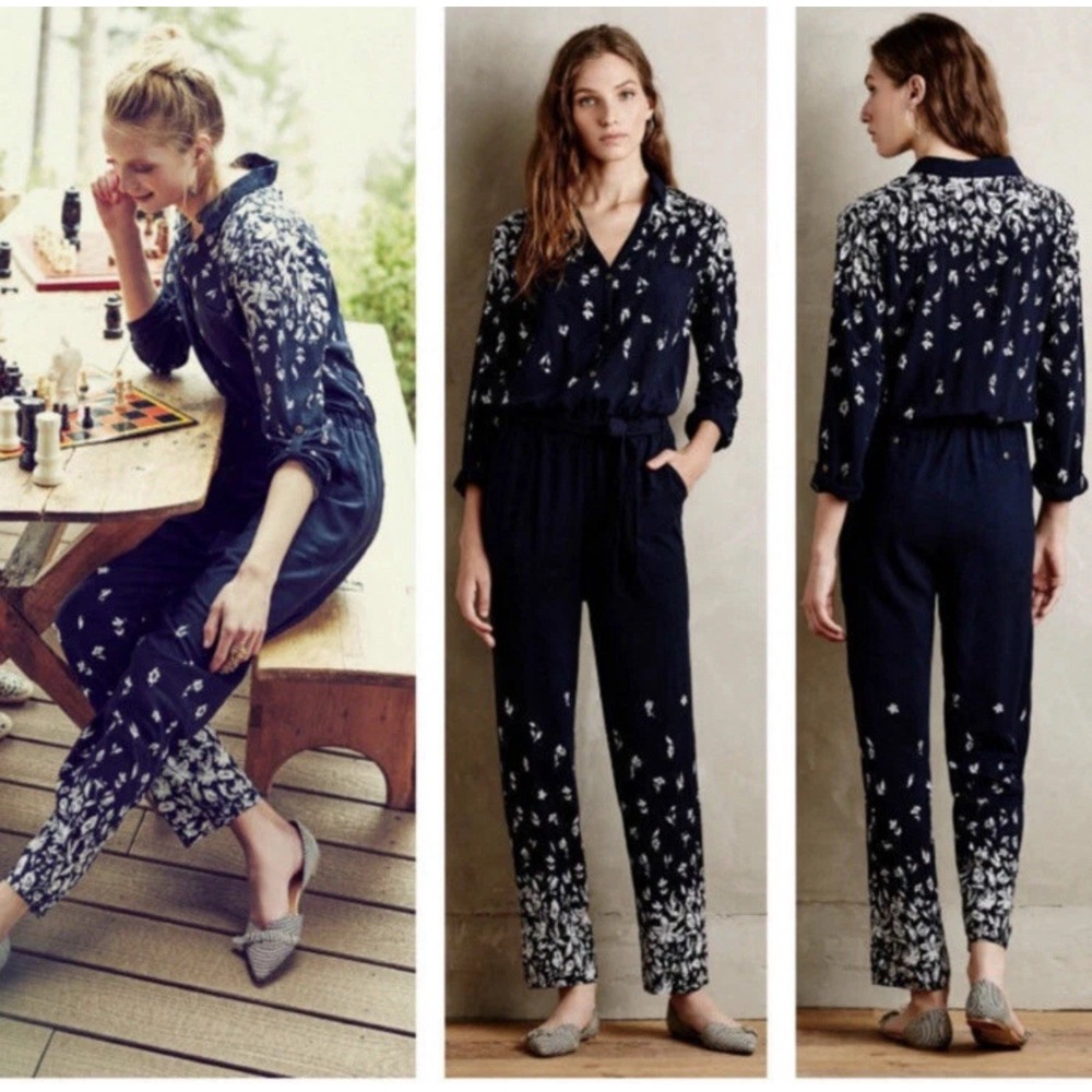 Anthropologie Lilka‎ Navy Blue White Floral Lakeshore Long Sleeve Jumpsuit XXS